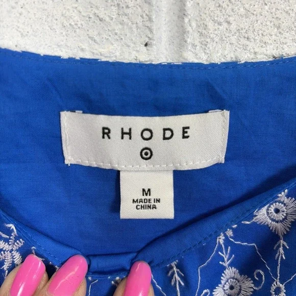 Rhode for Target Babydoll Dress M Blue Embroidered Eyelet Puff Sleeves Pockets - Picture 7 of 12
